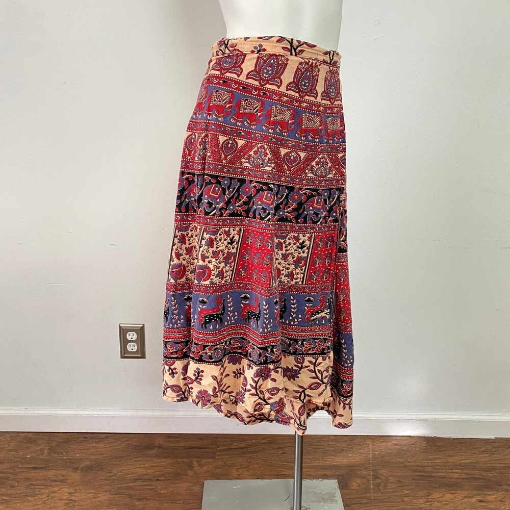 Vintage Red Wrap Around Sarong Skirt Women's Floral OS Beach Boho Gypsy Bohemian